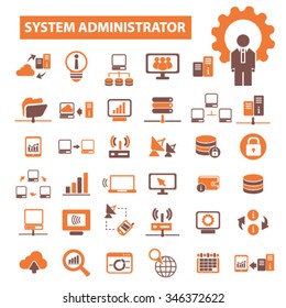 system administrator, computer network, connection, database, technology icons, signs vector concept set for infographics, mobile, website, application 