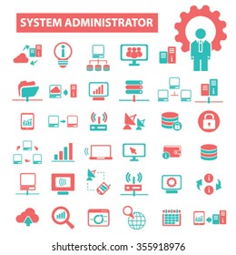 system administrator, computer network, connection, database, technology icons, signs vector concept set for infographics, mobile, website, application
