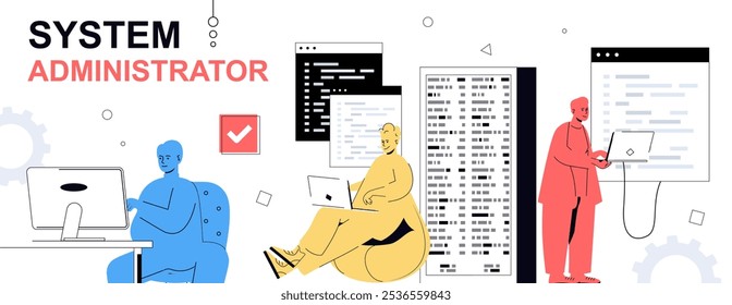 Concepto de administrador de sistemas en diseño de dibujos animados planos para Anuncio de Web. Personas monitorización de la infraestructura de racks de servidores, realización de mantenimiento y reparaciones técnicas, gestión y soporte. Ilustración vectorial.