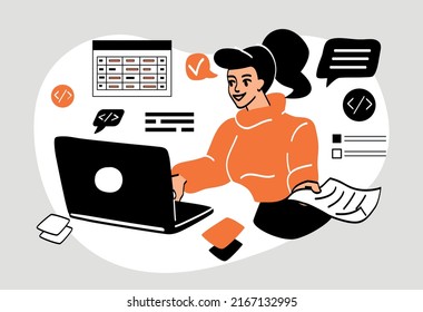 System administrator concept. Girl sitting at laptop, gadgets and devices. Employee in office, firelancer in workplace. Digital world and modern technologies. Cartoon flat vector illustration