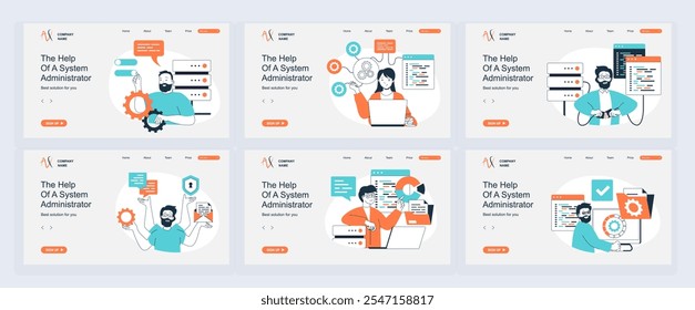 Concepto de administrador de sistemas de página de destino con Plantillas de diapositivas en diseño plano. Encabezados de Sitio web con personas que monitorean racks de servidores, realizan mantenimiento y reparaciones técnicas. Ilustraciones vectoriales.