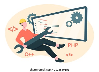 System administrator concept. Man fixes code, programmer, young guy with wrench and in protective cap. Development of application or comfort interface for website. Cartoon flat vector illustration