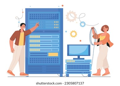 System administrator concept. Man and woman standing near server and fixing equipment. Corporate electronic storage or archive. People with harware. Cartoon flat vector illustration