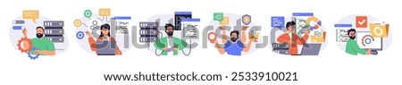 System administrator concept set with characters in flat design for web. People monitoring server infrastructure, doing maintenance and technical repair, managing database. Vector illustrations.