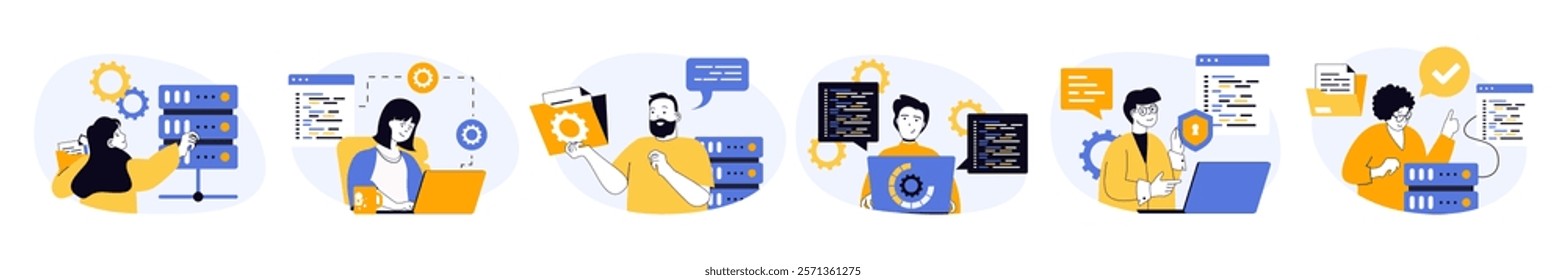 System administrator concept set in flat web design. Collection with people check server racks hardware, doing software maintenance and technical repair. Vector illustrations on white background.