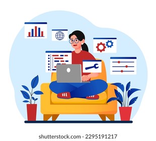 System administrator concept. Woman in lotus position sits on chair with laptop and writes code, corrects errors in programs and apps, software. Technical support. Cartoon flat vector illustration