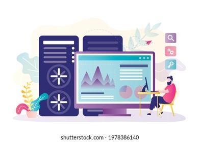 System administrator configures server through laptop. Various graphs and charts on screen. Specialist optimize computer performance. Concept of configuration and support. Flat vector illustration