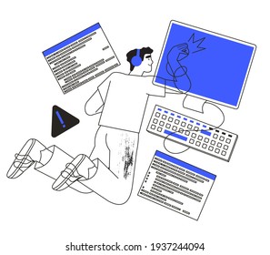 System administrator or engineer working on computer or repairing pc. Programmer searching for malware or bug in software or program. Trendy illustration in simple outline style for ui or web design.
