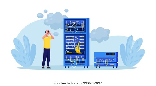 System administrator fixing  pc server, network connection. Worried sysadmin looking at burning computer datacenter. System critical failure. High temperature overheat error. Problem solving skills