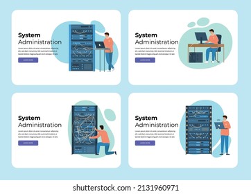 System administrator flat cards with horizontal web pages with editable text clickable links and doodle images vector illustration