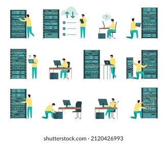 System administrator flat color set of isolated icons with people at server racks and data pictograms vector illustration
