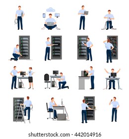 System administrator flat icons set of server racks and network engineers involved in maintenance of system modules isolated vector illustration  