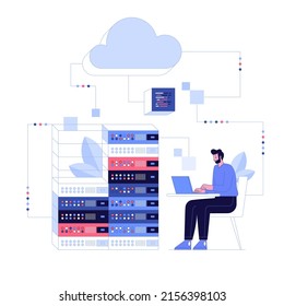 System administrator flat vector illustration. Computer repair, upkeeping server, adjusting network. Sysadmin cartoon character isolated on white background. Data center maintenance service