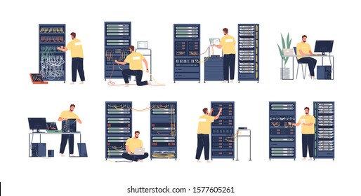 System administrator flat vector illustrations set. Computer repair, upkeeping server, adjusting network. Sysadmin cartoon character isolated on white background. Data center maintenance service.