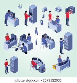 System administrator flowchart with computer networks symbols isometric illustration