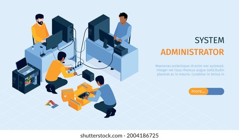 System administrator horizontal banner with connecting users symbols isometric vector illustration