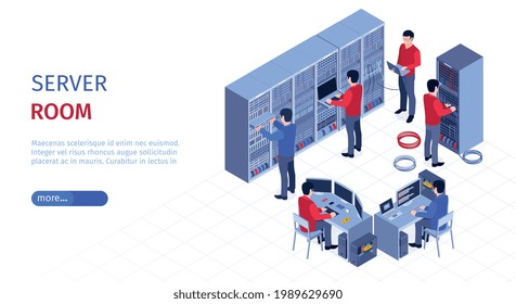 System administrator horizontal banner with server room symbols isometric vector illustration