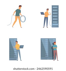 Iconos del administrador del sistema Vector de dibujos animados. El hombre trabaja con el servidor y el ordenador portátil. Mantenimiento del servicio