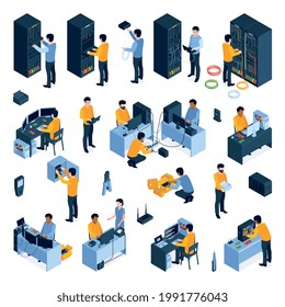 System administrator icons set with server update symbols isometric isolated vector illustration