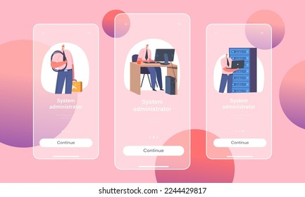 Onboard-Bildschirm-Vorlage für mobile Systemadministratoren. Sysadmin Character arbeitet am Computer und arbeitet mit dem Wartungsansatz für Server-Rack-Netzwerke. Vektorgrafik von Cartoon People