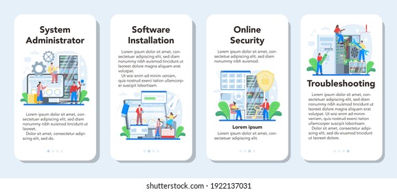 System administrator mobile application banner set. Technical work with server, software installation, troubleshooting, online security. Configuration of computer systems. Flat vector illustration