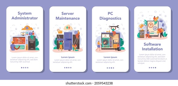 System administrator mobile application banner set. Technical work with server and its work maintaining, software installation, PC repair. Configuration of computer systems. Flat vector illustration