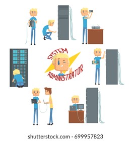 System administrator, network engineer characters, set of network diagnostics, users support and server maintenance cartoon vector Illustrations