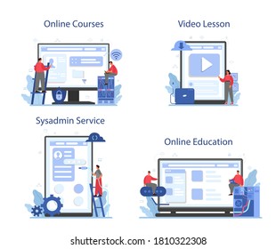System administrator online service or platform set. People working on computer and doing technical work with server. Online course, education, service, video lesson. Isolated flat vector illustration