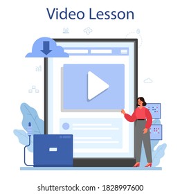System administrator online service or platform. People working on computer and doing technical work with server. Video lesson. Isolated flat vector illustration