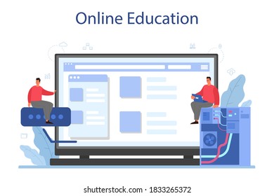 System administrator online service or platform. People working on computer and doing technical work with server. Online education. Isolated flat vector illustration