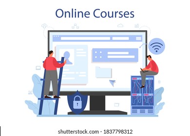 System administrator online service or platform. People working on computer and doing technical work with server. Online course. Isolated flat vector illustration