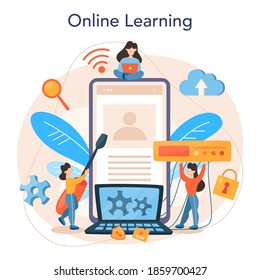 Servicio o plataforma en línea del administrador del sistema. Personas trabajando en computadoras y haciendo trabajo técnico con servidores. Aprendizaje en línea. Ilustración vectorial plana aislada