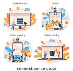 System administrator online service or platform set. People working on computer and doing technical work with server. Online forum, tutorial, learning, training. Isolated flat vector illustration