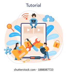 Systemadministrator-Online-Dienst oder -Plattform. Menschen, die am Computer arbeiten und technische Arbeit mit dem Server leisten. Online-Tutorial. Einzelne flache Vektorgrafik