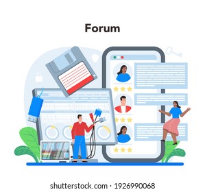 System administrator online service or platform. Technical work with server, software installation, troubleshooting, online security. Online forum. Flat vector illustration
