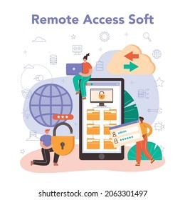 Servicio o plataforma en línea del administrador del sistema. Trabajo técnico con servidor y mantenimiento de su trabajo. Acceso remoto en línea suave. Ilustración vectorial plana