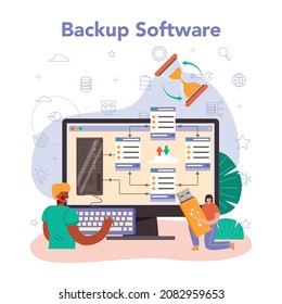 System administrator online service or platform. Technical work with server and its work maintaining. Online backup software. Flat vector illustration