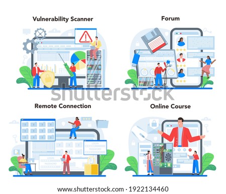 System administrator online service or platform set. Technical work with server, software installation, troubleshooting, online security. Online forum, course, vulnerability scanner