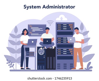 System administrator. People working on computer and doing technical work with server. Configuration of computer systems and networks. Isolated flat vector illustration