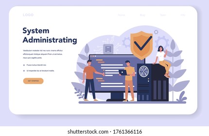 System administrator. People working on computer and doing technical work with server. Configuration of computer systems and networks. Isolated flat vector illustration