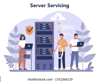 System administrator. People working on computer and doing technical work with server. Configuration of computer systems and networks. Isolated flat vector illustration