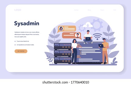 Administrador del sistema. Personas trabajando en computadoras y haciendo trabajo técnico con servidores. Configuración de sistemas y redes informáticos. Ilustración vectorial plana aislada