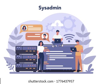 System administrator. People working on computer and doing technical work with server. Configuration of computer systems and networks. Isolated flat vector illustration