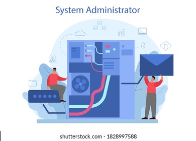 System administrator. People working on computer and doing technical work with server. Configuration of computer systems and networks. Isolated flat vector illustration