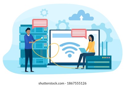 System administrator. People working on computer and doing technical work with server. Configuration of computer systems and networks. Abstract concept. Flat cartoon vector illustration