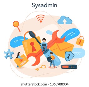 Systemadministrator. Menschen, die am Computer arbeiten und technische Arbeit mit dem Server leisten. Konfiguration von Computersystemen und Netzwerken. Einzelne flache Vektorgrafik