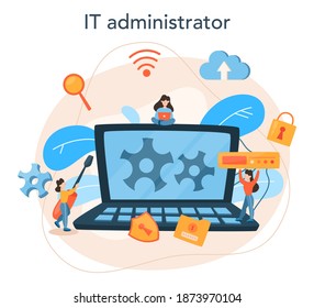 System administrator. People working on computer and doing technical work with server. Configuration of computer systems and networks. Isolated flat vector illustration
