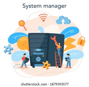 Administrador del sistema. Personas trabajando en computadoras y haciendo trabajo técnico con servidores. Configuración de sistemas y redes informáticos. Ilustración vectorial plana aislada