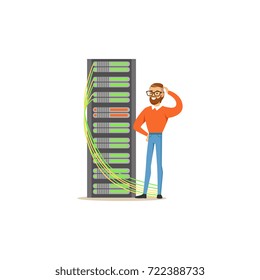 System administrator, server admin, programmer working with hardware equipment of data center, server rack networking service vector illustration