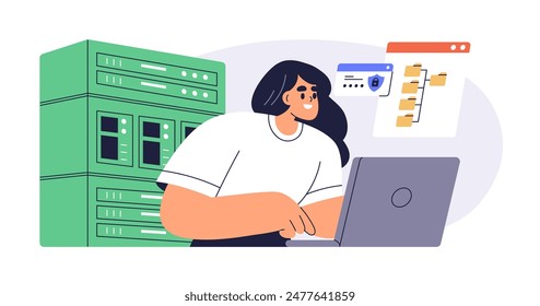 System administrator and server data. Computer storage, network administration, database maintenance and management concept. Female sysadmin. Flat vector illustration isolated on white background